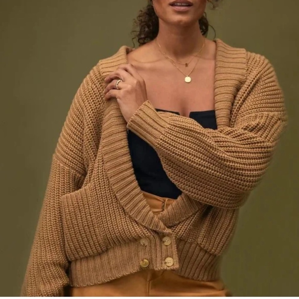 Anthropologie Camel Cable Knit Shawl collar front pockets oversized Cardigan L